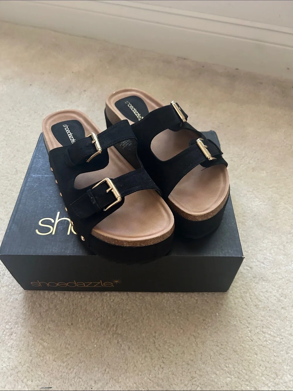 Shoe Dazzle Black Double Buckle Platform Sandals with Gold Hardware